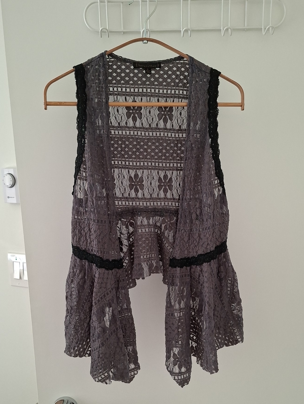 Sheer Grey & Black Waterfall-cut Open-front Lace Whimsigoth Lace Vest (Size S)